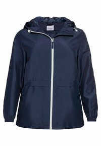 Giacca a vento blu navy con cappuccio realizzata in materiale morbido e leggero. Caratterizzata da una zip frontale, polsini elastici e un cappuccio arricciato.