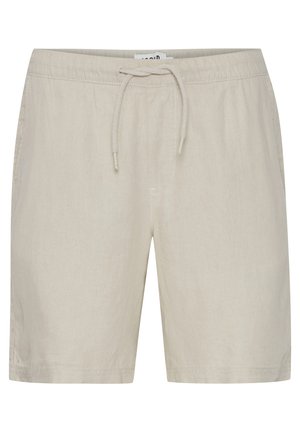Shorts beiges pour hommes en tissu mélangé lin, dotés d'une taille élastique et de détails à l'ourlet cousus.