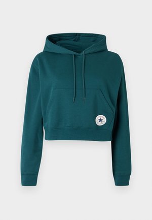 Krótka bluza z kapturem w kolorze morskim, z długimi rękawami, przednią kieszenią kangurką, regulowanym sznurkiem w kapturze oraz naszywką z logo Converse All Star na kieszeni.