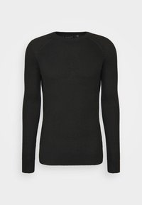 Svart stickad tröja med långa ärmar, rund halsringning, ribbade mudd och en texturerad yta. Har en enkel design utan mönster.