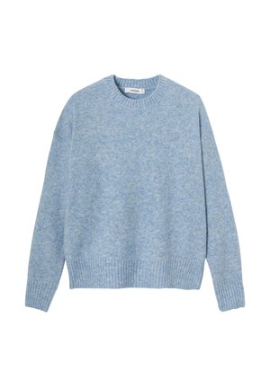 Pull en tricot bleu clair avec un col rond, des épaules tombantes et un ourlet côtelé. Fabriqué dans un tissu doux et texturé avec une coupe légèrement ample.