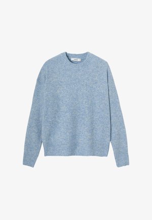 Pull en tricot bleu clair avec un col rond, des épaules tombantes et un ourlet côtelé. Fabriqué dans un tissu doux et texturé avec une coupe légèrement ample.