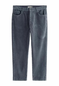 Gray corduroy trousers with a straight-leg silhouette, featuring two front pockets and a button closure, showcasing a ribbed texture.