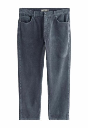 Gray corduroy trousers with a straight-leg silhouette, featuring two front pockets and a button closure, showcasing a ribbed texture.
