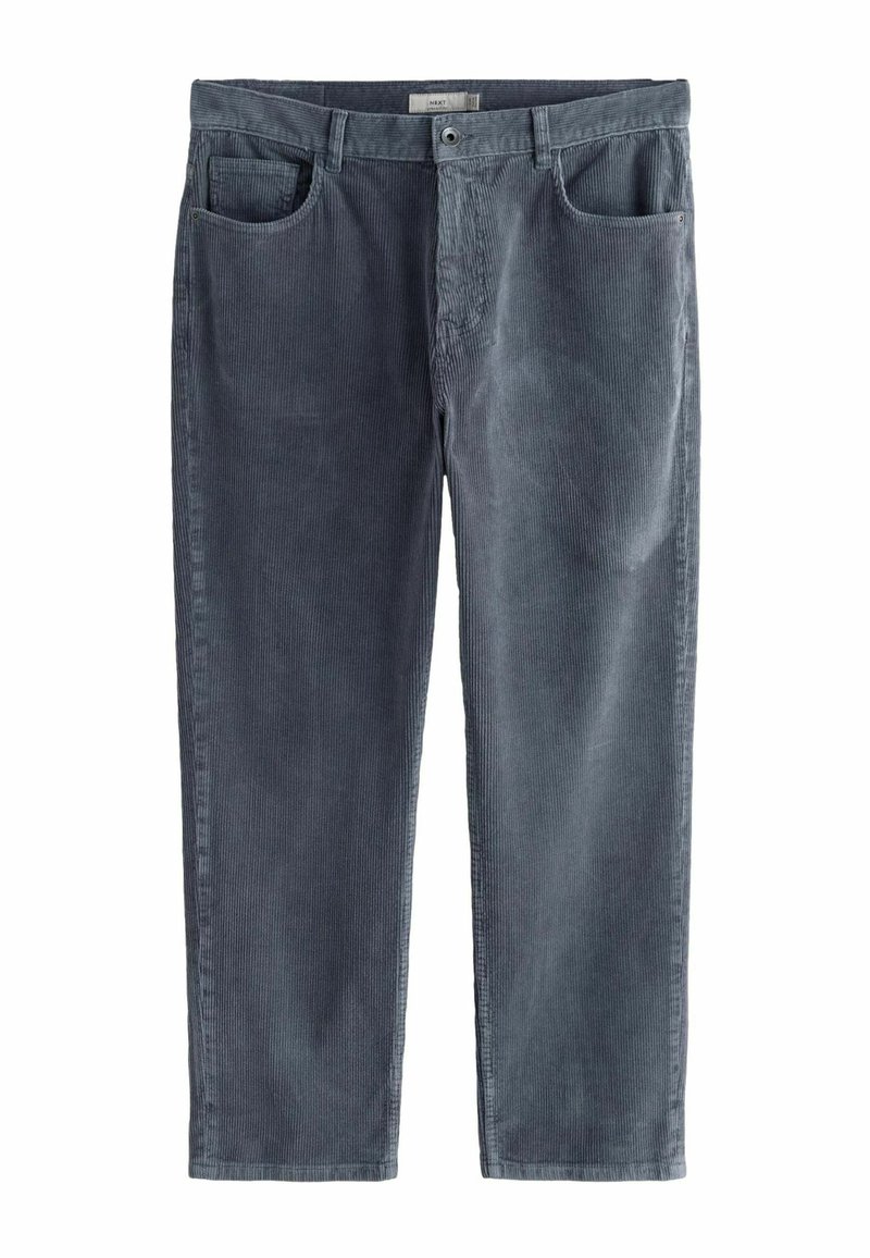 Gray corduroy trousers with a straight-leg silhouette, featuring two front pockets and a button closure, showcasing a ribbed texture.