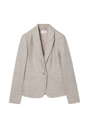 Beige damesblazer met gekerfde revers, enkelsluiting met een knoop en twee zakken aan de voorkant, maat 36, weergegeven op een witte achtergrond.