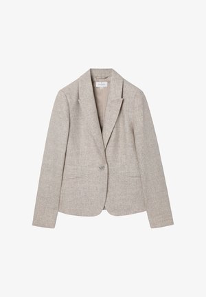 Beiger Damenblazer mit Reverskragen, Ein-Knopf-Verschluss und zwei Fronttaschen, Größe 36, auf weißem Hintergrund dargestellt.