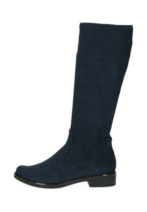 Bottes noires en nubuck arrivant juste au genou. Elles présentent un bout rond, des coutures minimales et un petit talon bloc avec une finition lisse.