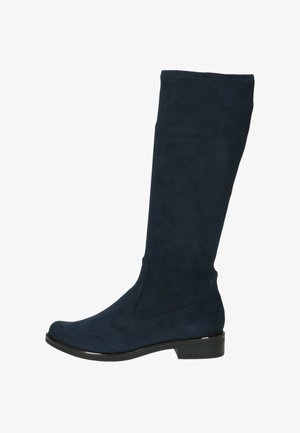 Bottes noires en nubuck arrivant juste au genou. Elles présentent un bout rond, des coutures minimales et un petit talon bloc avec une finition lisse.