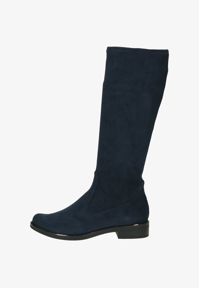 Bottes noires en nubuck arrivant juste au genou. Elles présentent un bout rond, des coutures minimales et un petit talon bloc avec une finition lisse.