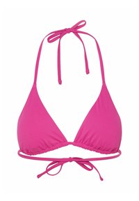 Jasnoróżowy trójkątny biustonosz bikini z wiązanymi ramiączkami. Materiał jest gładki i elastyczny, z marszczonym pasem dla regulowanego dopasowania.