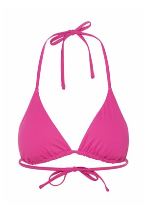 Helles pinkes Dreiecksbikini-Top mit Bindeträgern. Der Stoff ist glatt und dehnbar und verfügt über ein gerafftes Band für eine verstellbare Passform.