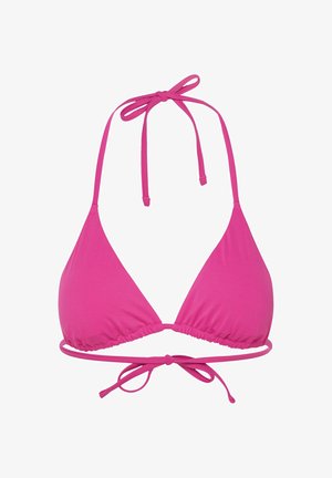 Jasnoróżowy trójkątny biustonosz bikini z wiązanymi ramiączkami. Materiał jest gładki i elastyczny, z marszczonym pasem dla regulowanego dopasowania.