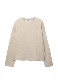 Maglione beige a coste con scollatura rotonda e maniche lunghe. Presenta una vestibilità morbida e un orlo dritto in vita. Tessuto morbido.