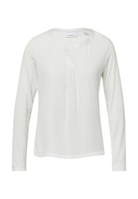 Langärmlige Bluse aus weichem, weißem Stoff mit einem runden Ausschnitt und einem kleinen V-Schlitz. Verfügt über eine einfache, glatte Textur und keine sichtbaren Verzierungen.