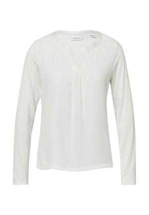 Bluzka z długim rękawem w miękkim białym materiale, z okrągłym dekoltem i małym rozci�ęciem w kształcie V. Posiada prostą, gładką fakturę i brak widocznych ozdób.