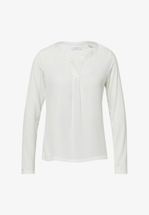 Langearmige blouse van zacht witte stof met een ronde halslijn en een kleine V-split. Kenmerkt zich door een eenvoudige, gladde textuur en geen zichtbare versieringen.