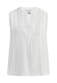 Witte mouwloze top met een mandarinakraag, voorzien van intriquerende kantdetails en verticale streepjes van metallic accenten langs de zijkanten.