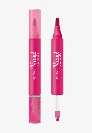 Duo aus pinkem Lippenstiftmarker mit Glanz. Ein Ende verfügt über einen Filzspitzen-Applikator, das andere über ein transparentes Gelröhrchen mit glänzender Textur.