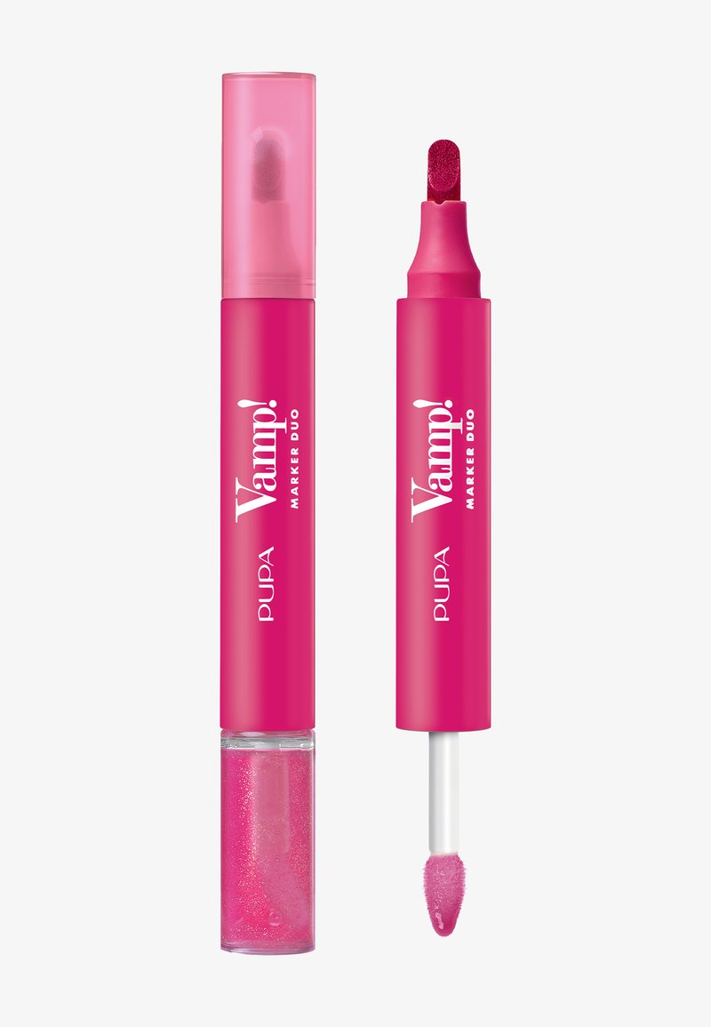 Dúo de delineadores de labios en color rosa con brillo. Un extremo cuenta con un aplicador de punta de fieltro, mientras que el otro tiene un tubo de gel transparente con una textura brillante.