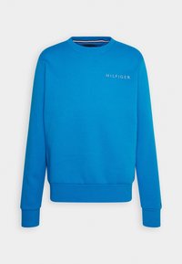 Sudadera azul de mezcla de algodón, con cuello redondo, mangas largas y logo bordado "HILFIGER" en el pecho. Puños y dobladillo acanalados.