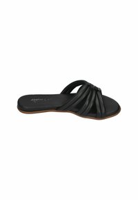 Black slide sandal with multiple straps, smooth leather material, flat sole, and simple buckle detail on one strap.