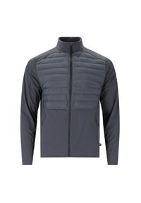 Veste zippée gris foncé pour homme avec panneau matelassé sur la poitrine et manches longues, debout droite sur fond blanc uni.