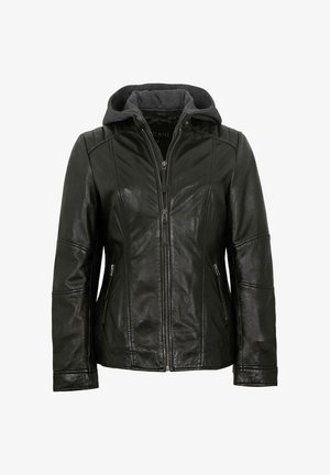 Schwarze Lederjacke mit Frontreißverschluss, zwei Reißverschlusstaschen an den Seiten und angenähter dunkelgrauer Stoffkapuze.