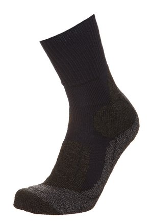 Calza nera lavorata a maglia con risvolto a costine, tallone e punta rinforzati in un grigio scuro a contrasto, caratterizzata da una morbida texture e un design di lunghezza media fino al polpaccio.