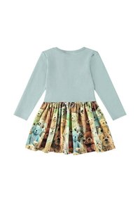 Långärmad klänning med en ljusblå topp och en plisserad kjol med tryck av flerfärgade nallebjörnar. Mjuk tygkvalitet genom hela plagget.