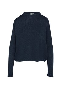 Marineblauwe gebreide trui met lange mouwen, geribbelde textuur en een losse pasvorm. Heeft een ronde halslijn en minimale stikdetails.