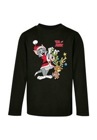 Fekete, hosszú ujjú póló Tom és Jerry motívummal. A grafika Tomot mikulás öltözetben ábrázolja, amint fagyöngyöt tart, míg Jerry ünnepi kiegészítőkkel van díszítve.