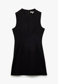 Vestido negro sin mangas hecho de tela suave, con una forma ajustada, costuras laterales y una cremallera en la parte central de la espalda para el cierre.