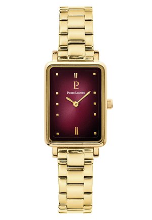 Reloj de pulsera rectangular en tono dorado con esfera burdeos, marcadores dorados minimalistas, dos manecillas doradas y el logo de Pierre Lannier en el centro.