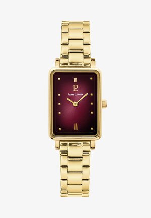 Rechthoekig polshorloge met goudkleurige kast, bordeauxrode wijzerplaat, minimalistische gouden markeringen, twee gouden wijzers en het Pierre Lannier-logo in het midden.