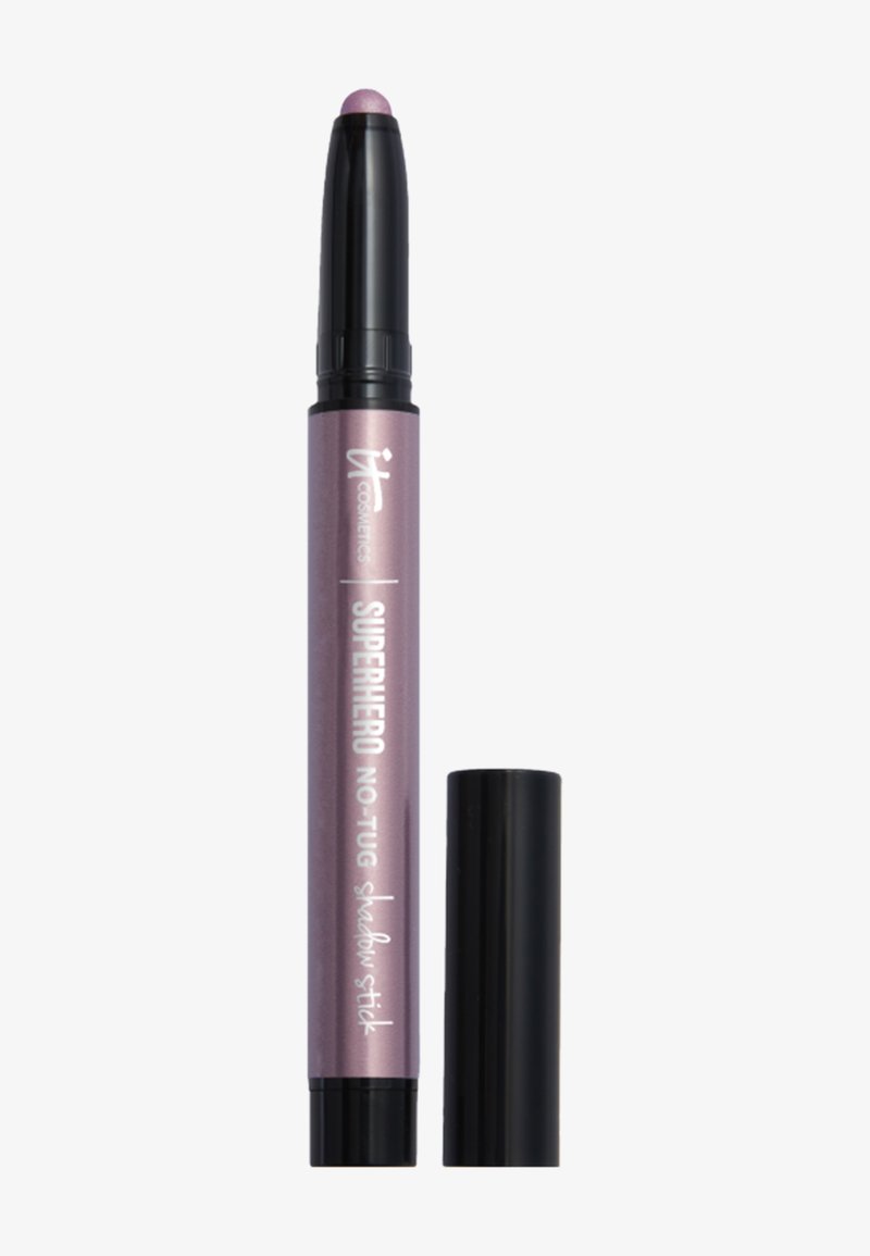 Purple IT Cosmetics Superhero No-Tug Shadow Stick extended with black cap beside it on a white background.