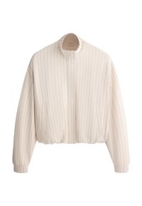 Blouson bomber couleur crème à manches longues avec fines rayures verticales, poignets et ourlet élastiqués, et deux poches avant.