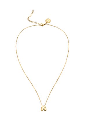 Delicate gold chain necklace with a small letter "A" pendant and a round branded tag near the clasp.