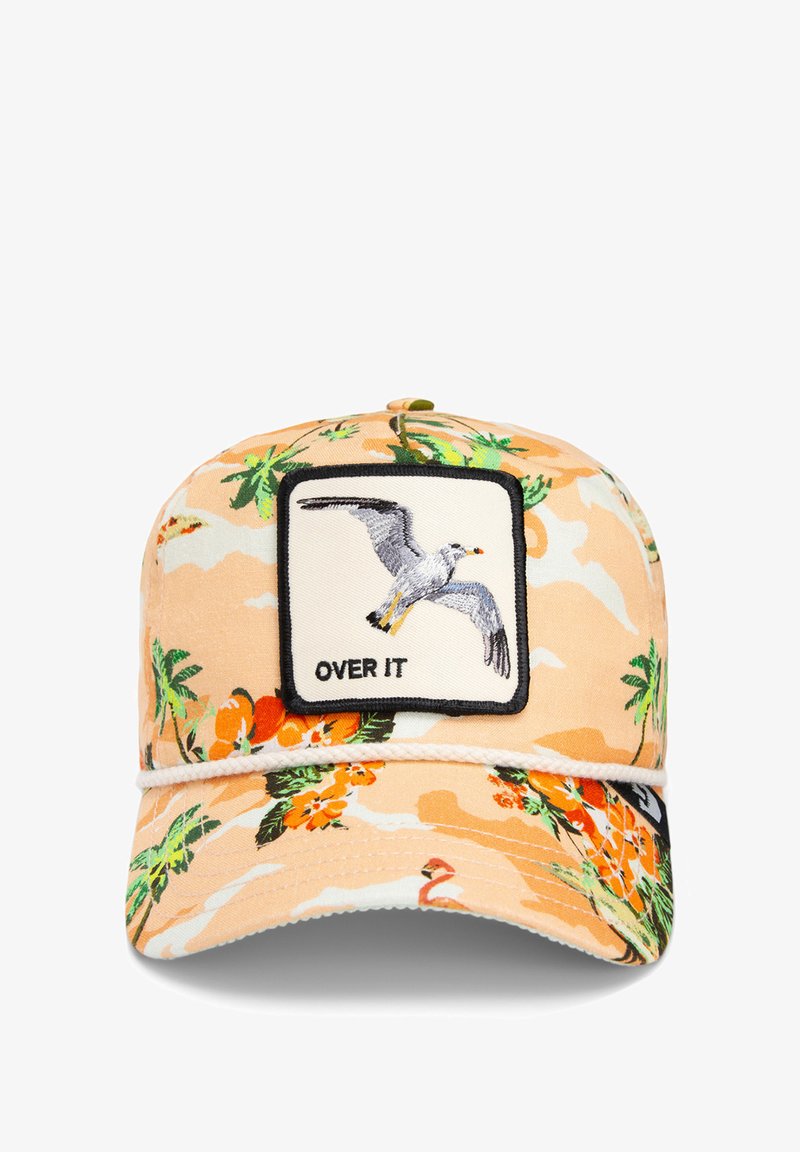 Cap with a peach floral pattern, featuring a black-bordered square patch displaying an embroidered seagull and the text "OVER IT."