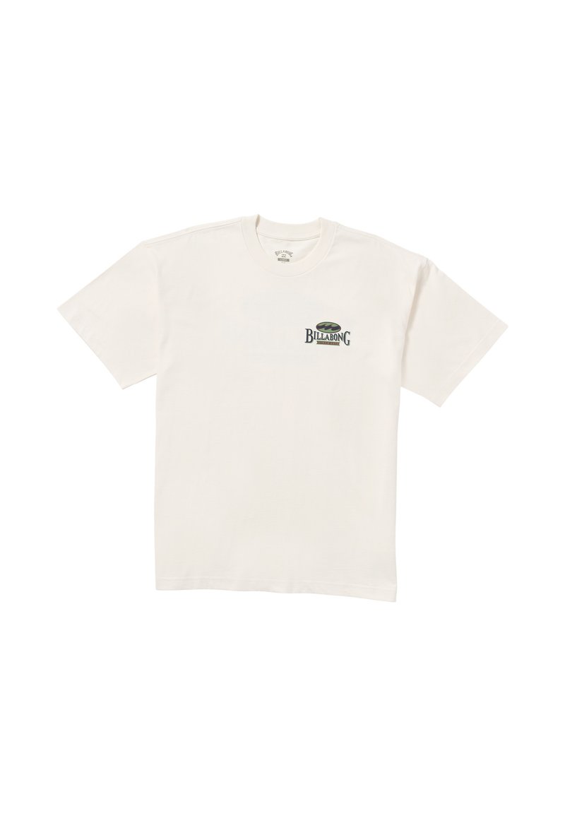 Cremefarvet bomulds t-shirt med korte ærmer, rund hals og et lille grønt grafisk logo på venstre bryst. Blød tekstur, almindelig pasform.