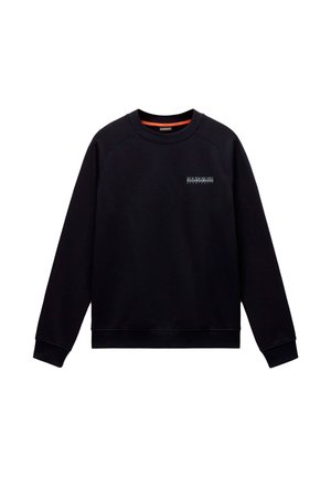 Sweat-shirt noir en tissu doux et texturé. Comprend un col rond, des manches raglan et un petit logo sur la poitrine. Coupe classique.