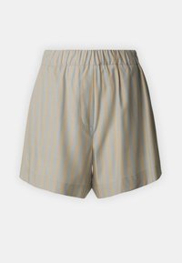 Light blue and beige striped shorts with an elastic waistband, made of smooth fabric. Features loose fit and side pockets.