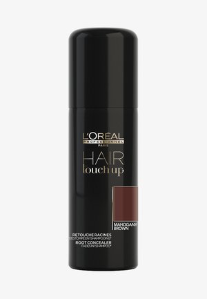 L'Oréal Professionnel Hair Touch Up dans un spray cylindrique noir. Présente un texte doré et un échantillon indiquant la couleur "Marron Acajou".