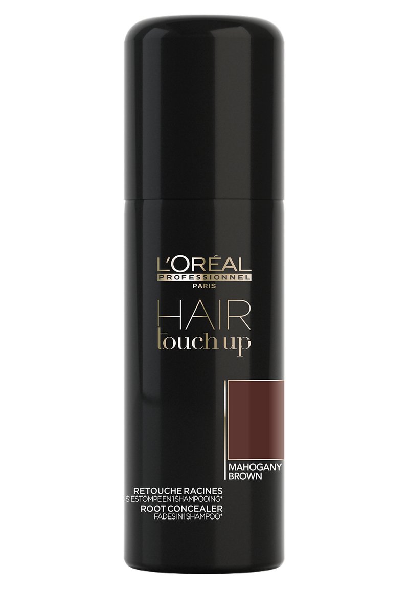 L'Oréal Professionnel Hair Touch Up i en svart cylinderformad sprayburk. Har gul text och en färgprov som visar "Mahognybrun".