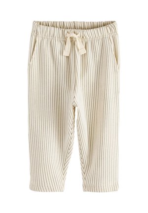 Pantalon crème pour tout-petits avec fines rayures verticales noires, ceinture élastique, cordon de serrage et poches latérales, présenté à plat sur fond blanc.