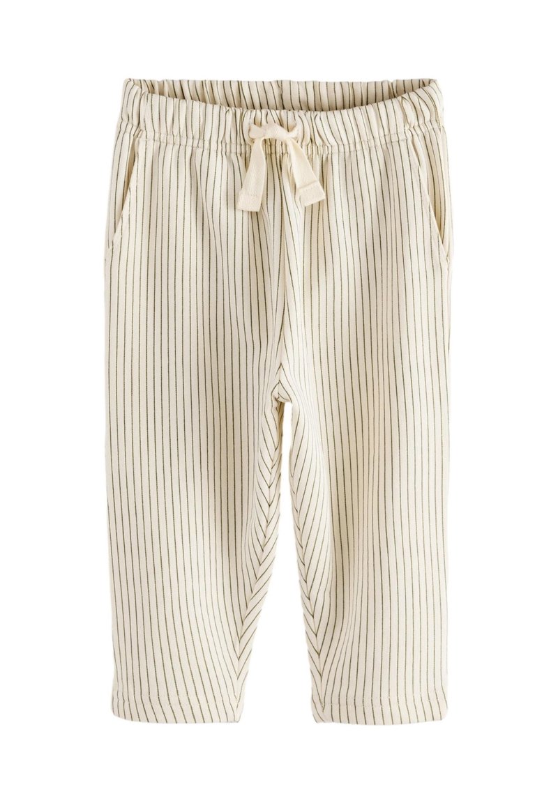 Pantalon crème pour tout-petits avec fines rayures verticales noires, ceinture élastique, cordon de serrage et poches latérales, présenté à plat sur fond blanc.