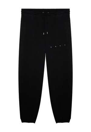 Pantalones deportivos negros con cintura y puños elásticos, cordón ajustable y pequeño logotipo blanco "HUGO" en la parte superior del muslo.