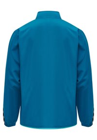 Cyaan windbreaker jas met lange mouwen, een kraag, elastische manchetten en zwart-witte geblokte accenten op de mouwen.