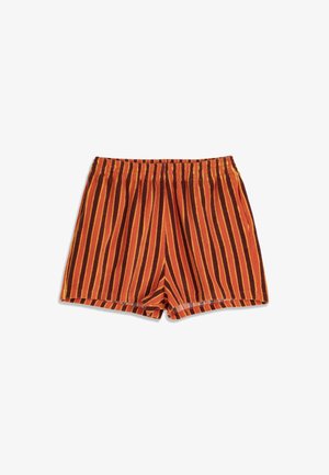 Shorts à taille élastique avec des rayures verticales dans des tons d'orange, de brun et de jaune, présentés à plat sur un fond blanc.