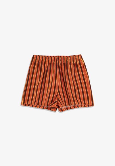 Shorts à taille élastique avec des rayures verticales dans des tons d'orange, de brun et de jaune, présentés à plat sur un fond blanc.